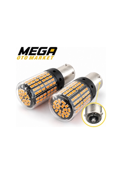 Mega Oto Market 12v 93 Tip 144 Led Turuncu Oto Ampul 2 Adet Stop, Fren Ve Sinyal Led Lambası