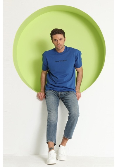 Erkek Polo Baskılı Oversize T-shirt Saks Saks Mavi