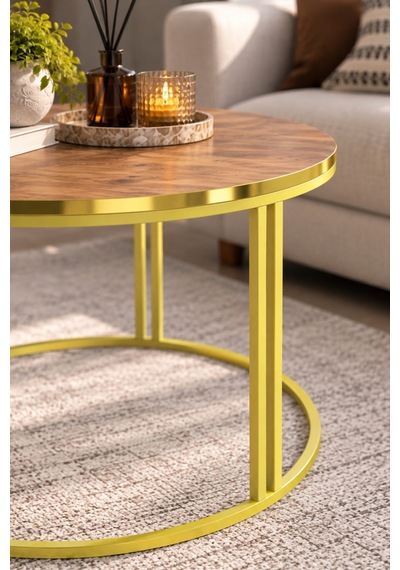 Sulorahome Ceviz Desenli Yuvarlak Orta Sehpa Gold Metal Ayaklı 70 Cm Altın - Ceviz Sulorahome Ceviz Desenli Yuvarlak Orta Sehpa Gold Metal Ayaklı 70 Cm Altın - Ceviz