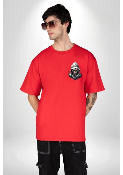 Zombi İskelet Kendine Yumruk Kırmızı Oversize Unisex Ön Ve Sırt Baskılı Tişört Kırmızı