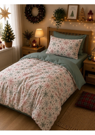 Mystory Home Tek Kişilik Lastikli Çarşaflı Nevresim Takımı Christmas Kırmızı - Yeşil
