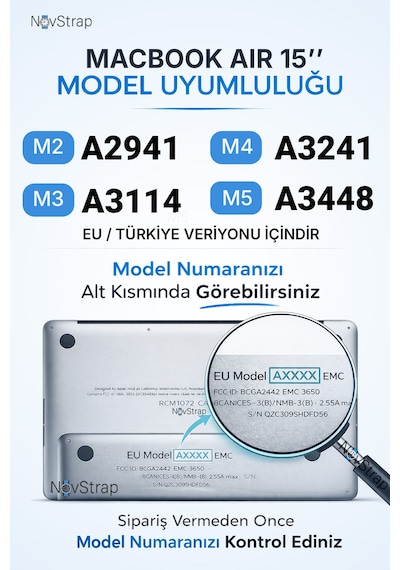 Novstrap Apple Macbook Air 15 İnç A2941 A3114 A3241 A3448 M2 M3 M4 M5 İle Uyumlu Türkçe Q Gri Füme Silikon Klavye Koruyucu Kılıf