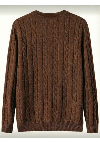 Erkek Kahverengi Bisiklet Yaka Slim Fit Saç Örgülü Triko Kazak Kahverengi