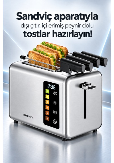 Tıgrecook 2 Dilim Kapasiteli Tost Aparatı Ve Ekmek Isıtma Raflı Dokunmatik Ekmek Kızartma Makinesi