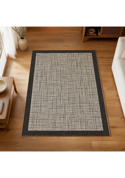 Kartela Halı Jüt Görünümlü Kalın Çerçeveli Halı Antrasit Kaymaz Taban 120x180 Cm