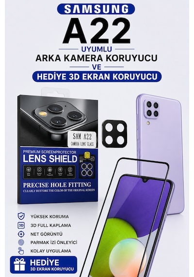 Samsung A22 Uyumlu Arka Kamera Koruyucu+ Full Ekran Koruyucu Seti Si Yah