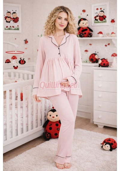 Lady Bebe Pembe Renkli Kol Ve Paçaları Manşetli, 33202 Uzun Kol, 2 Parça Lohusa Hamile Pijama Takımı Açık Pembe