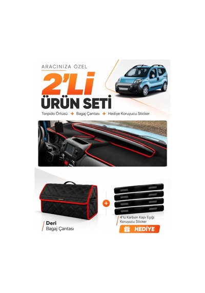 Cıtroen Nemo 2007-2020 Uyumlu Torpido Örtüsü + Deri Bagaj Çantası + Sticker Seti - Siyah Kırmızı