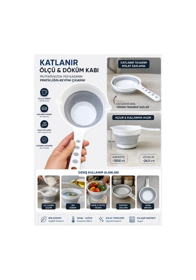 Katlanır Ölçü Ve Döküm Kabı 1200 Ml Saplı Silikon Katlanabilir Mutfak Ölçü Kabı Çok Renkli