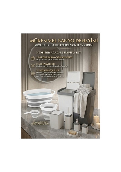 3 Lü Harika Banyo Seti 90 Lt Çamaşır Sepeti + 5 Li Banyo Seti + Katlanır Üçlü Set Gri Beyaz Gri - 885850700 Gri