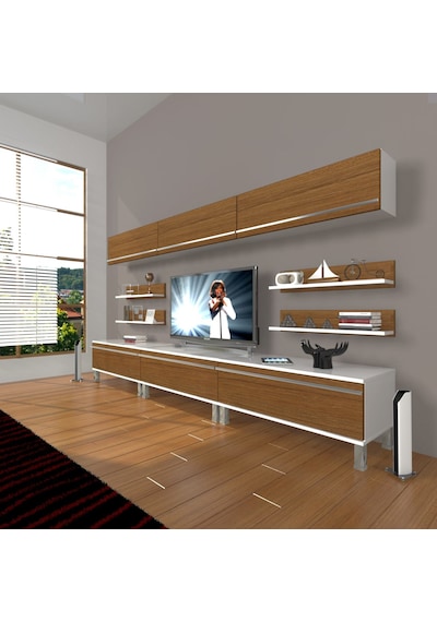 Decoraktiv Eko 8y Mdf Krom Ayaklı Tv Ünitesi Tv Sehpası Beyaz - Ceviz