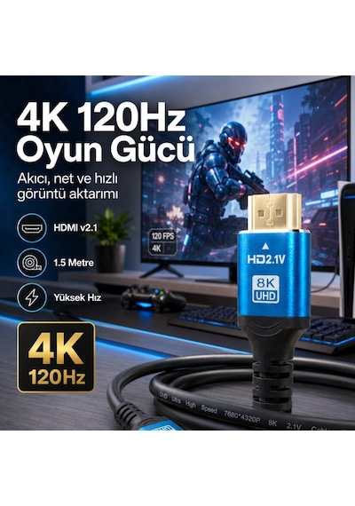 6060 8k Ultra Hd 2.1v 48gbps Hdmi Kablo 1.5 Metre Altın Kaplama Led Tv