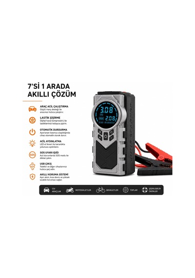 8000 Mah Şarjlı Hava Kompresörü Dijital Lastik Şişirme Pompası Akü Takviye Powerbank Led El Feneri Type-c Araç Bisiklet Top Havuz İçin Kompresör