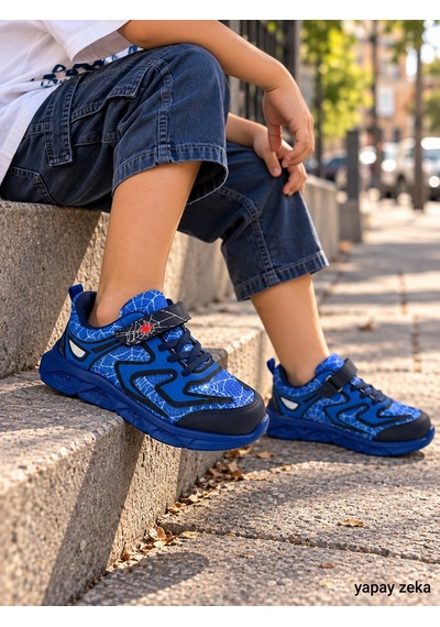 Mini Bonito Erkek Çocuk Işıklı Spor Ayakkabı Cırt Cırtlı, Desenli, Günlük Sneaker Mavi