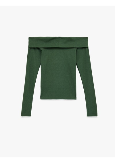 Koton Kaşkorse Slim Fit Uzun Kollu Açık Omuz Tişört Haki 6wak50054ek Haki