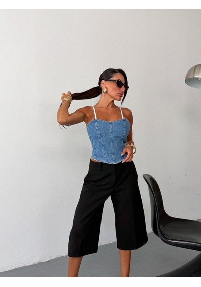 Herton Kadın İnce Askılı Arkası Fermuarlı Denim Korse Büstiyer Crop Top Çok Renkli