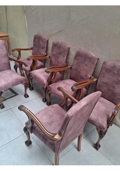 Sandalye Berjer Bengi 90621 Model Aslan Ayak Oymalı Gölge Desen Ceviz Boyalı 6 Adet Kahverengi