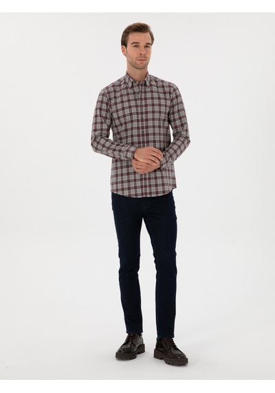 Cacharel Bordo Slim Fit %100 Pamuk Kareli Gömlek Kırmızı