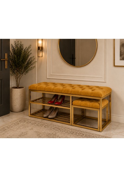 Gold Metal Bench Ayakkabılık Bank, Kapı Girişi Puf Ayakkabılık Sarı