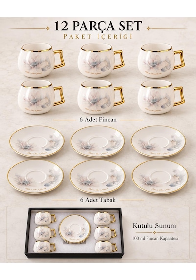 Valkyrie Magnolia Serisi 12 Parça 6 Kişilik 100 Ml Gold Çiçek Desenli Türk Kahvesi Fincan Takımı Beyaz Altın