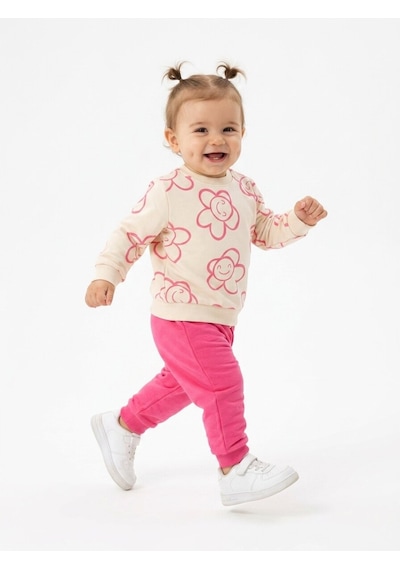 HelloBaby Pamuklu Çiçek Detaylı 2li Kız Bebek Takım Fuşya