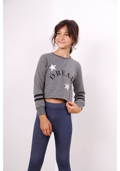 Toontoy Kız Çocuk Relax Fit Bisiklet Yaka Baskılı Crop Sweatshirt - 2 İplik Antrasit