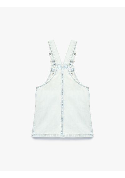 Koton Çiçek Nakış Detaylı Cepli Askılı Denim Jile Elbise Lıght Indıgo 6smg80007ad Açık Mavi