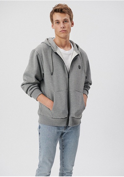 Erkek Mavi Logolu Kapüşonlu Fermuarlı Sweatshirt-gri Melanj Gri Melanj