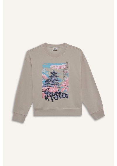 Defacto Kız Çocuk Relax Fit Bisiklet Yaka Baskılı Sweatshirt E6843a825wnbg187 Bej-bg187