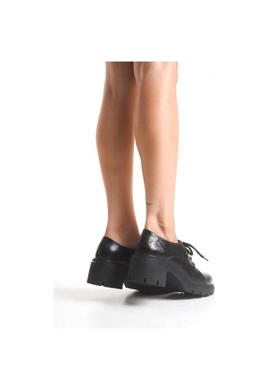 Aymood K-707 Siyah Kırışık Rugan Yüksek Tabanlı Bağcıklı Loafer Ayakkabı Siyah