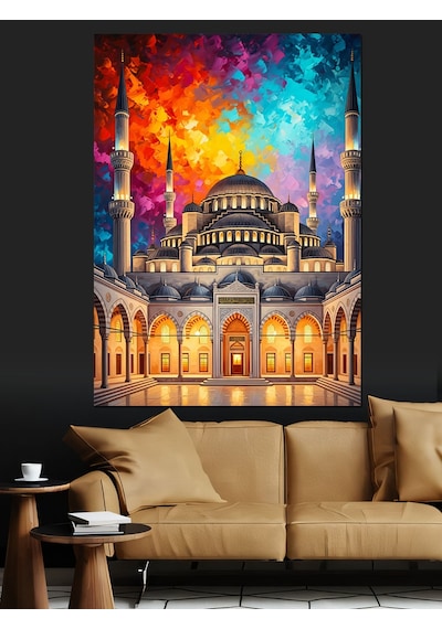 Ahşap Tablo Renkli Gökyüzü Altında Görkemli Cami İnsan Figürlü Tablolar