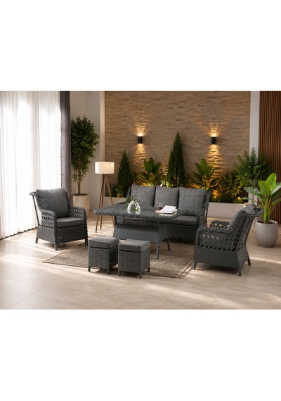 Vi Lza 7 Kişilik Rattan Bahçe Balkon Teras Oturma Grubu Gri Minderli 3+1+1 80x140 Cm Masa, 2 Adet Puf - Antrasit