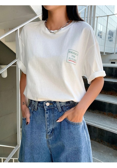 The Future T-shirt - Beyaz Oversize Baskılı Bisiklet Yaka Beyaz