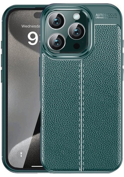 Apple Uyumlu iPhone 16 Pro Kılıf Focus Deri Desen Silikon Arka Kapak Koyu Yeşil