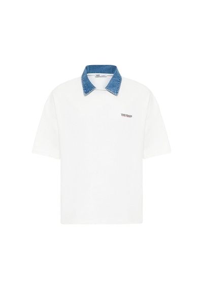 Polo Yaka Yazı Detaylı Oversize Tişört Ekru