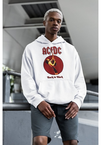 Sevbano Ac Dc Back In Black Baskılı Unisex Oversize Rock Metal Hoodie Beyaz