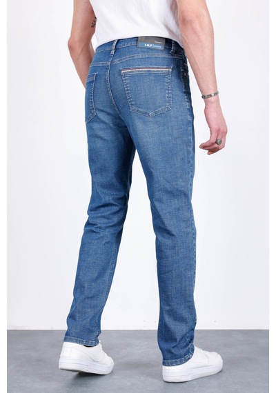 HLT Jeans Erkek Şerit Detaylı Mavi Regular Fit Boru Paça Esnek Likralı Jeans Kot Pantolon Hlthe001964 Beyaz - Mavi