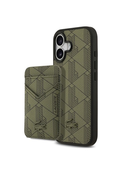 Apple Uyumlu iPhone 17 Kılıf Lacoste Lisanslı M-safeli Pu Deri Tasarımlı Kartlıklı Karışık Monogram Kapak Yeşil Yeşil