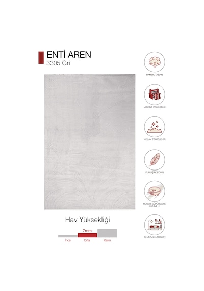 Enti Aren 3305 Gri - Pamuk Tabanlı Akrilik Modern Halı
