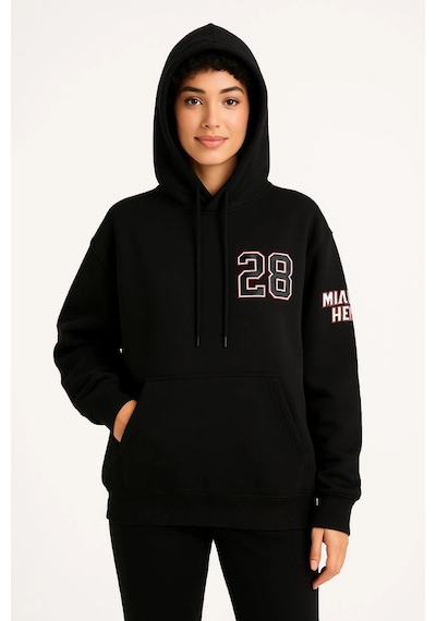 Primemagazam Kadın 3 İplik Pamuklu Kapüşonlu Kanguru Cepli Baskılı Hoodie Sweatshirt - Siyah Çeşitli