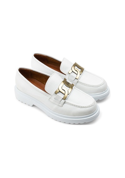 Deery Hakiki Deri Beyaz Tokalı Loafer Kadın Ayakkabı - 01902zbyzp01 Beyaz