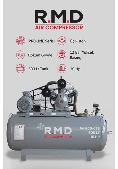 Pistonlu Hava Kompresörü 600 Lt 3 Kafa 12 Bar 10 Hp I Pa600ı12b