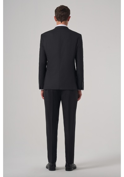 Morven Erkek Siyah Yünlü Trend Çizgili Slim Fit Sivri Yaka Takım Elbise 26mc001042001 Siyah
