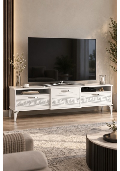 Sulorahome Gümüş Detaylı Beyaz Tv Sehpası 160 Cm Beyaz - Gümüş