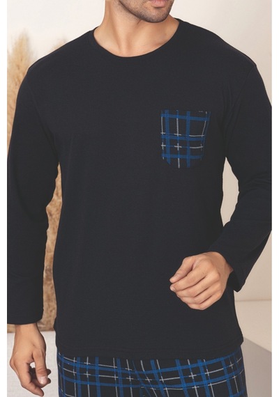 Sude Homewear Erkek Ekoseli Cepli Uzun Kollu Pijama Takımı Lacivert