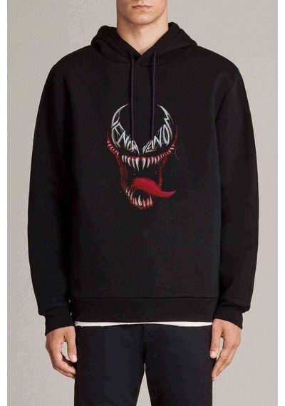 Venom Sinirli Baskılı Siyah Erkek Örme Kapşonlu Sweatshirt