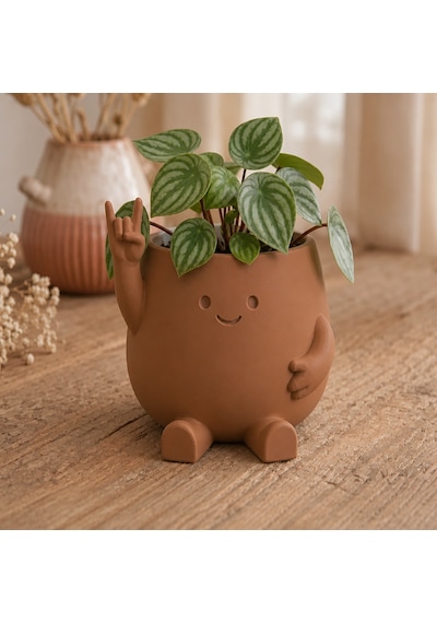3d Baskı Smiley Face Planter - Gülümseyen Karakterli Saksı-kahverengi