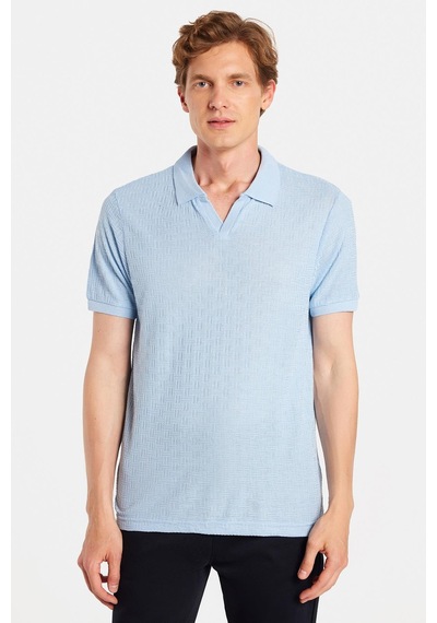 Tudors Erkek Slim Fit Dar Kesim Viskon Kumaş Desenli Düz Pike Düğmesiz Açık Mavi Polo Yaka Tişört-34764 Açik Mavi
