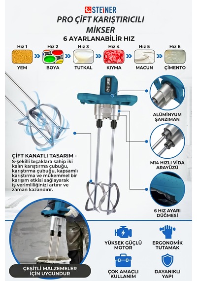 Steiner 2100 W Elektrikli Sjs Metal Şanzıman Profesyonel Çift Başlı Alçı Boya Harç Karıştırıcı Mikser