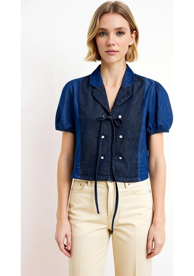 Benerly Kadın Bluz Gömlek Yaka Balon Kol Kısa Crop Boy Renk Bloklu Denim Mavi